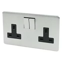 Crabtree Platinum 13A 2-Gang DP Switched Plug Socket Satin Chrome with Black Inserts