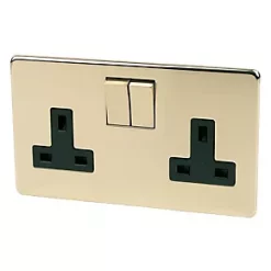 Crabtree Platinum 13A 2-Gang DP Switched Plug Socket Polished Brass with Black Inserts