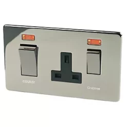 Crabtree Platinum 45 A & 13A 2-Gang DP Cooker Switch & 13A DP Switched Socket Black Nickel with Neon with Black Inserts